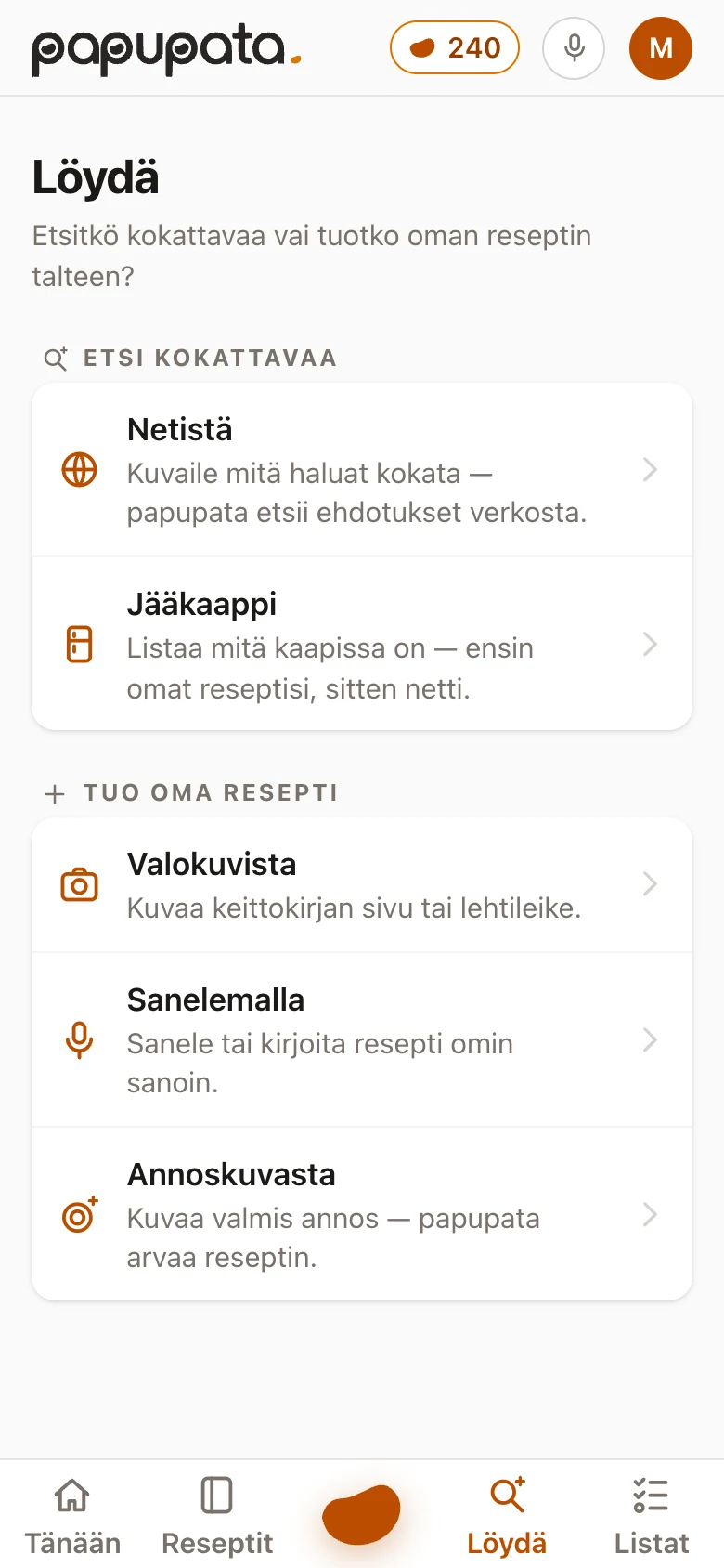 Löydä-näkymä, jossa etsitään reseptiä