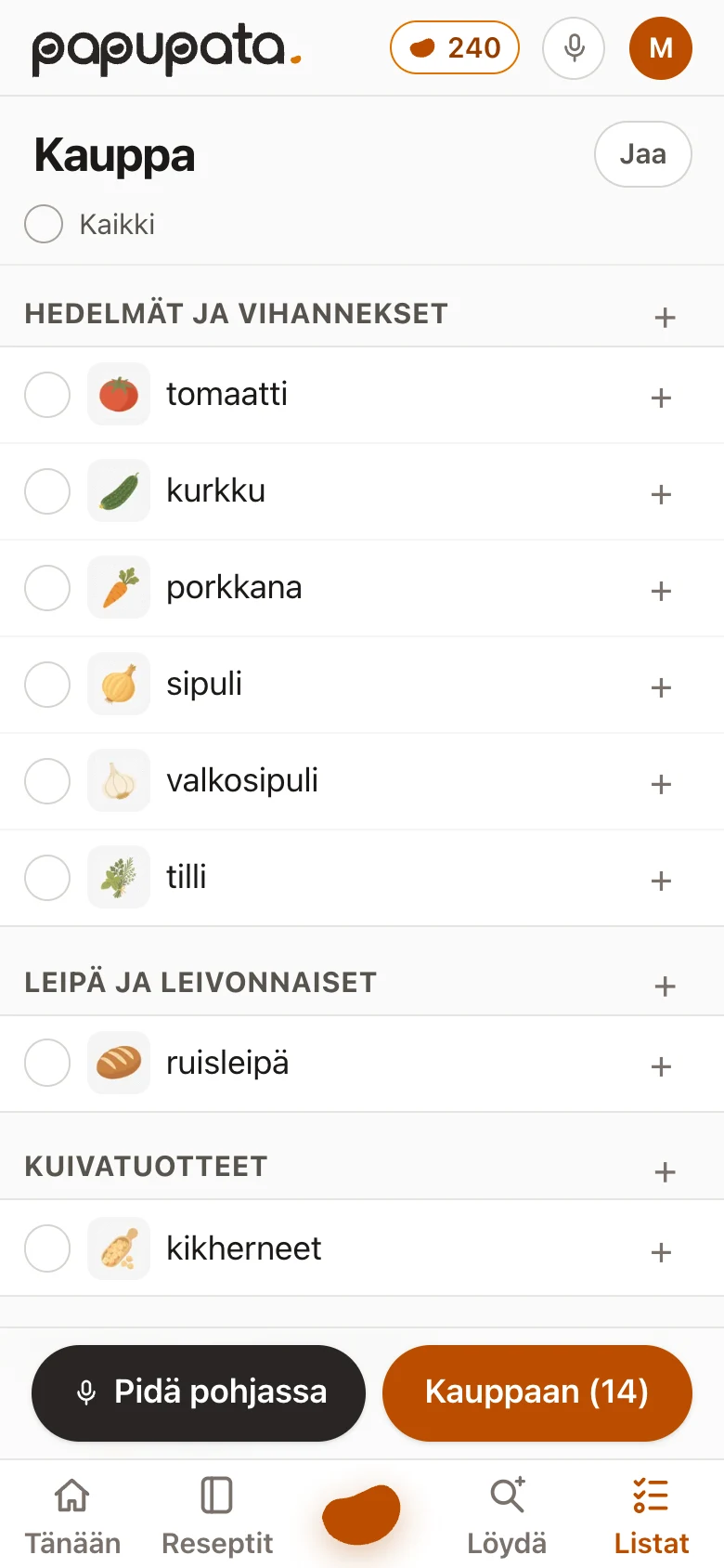 Ostoslista ryhmiteltynä hyllyittäin