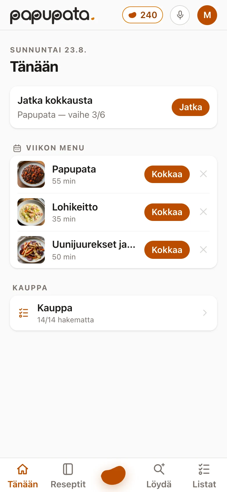 Tänään-näkymä, jossa näkyy viikon menu ja ostoslista